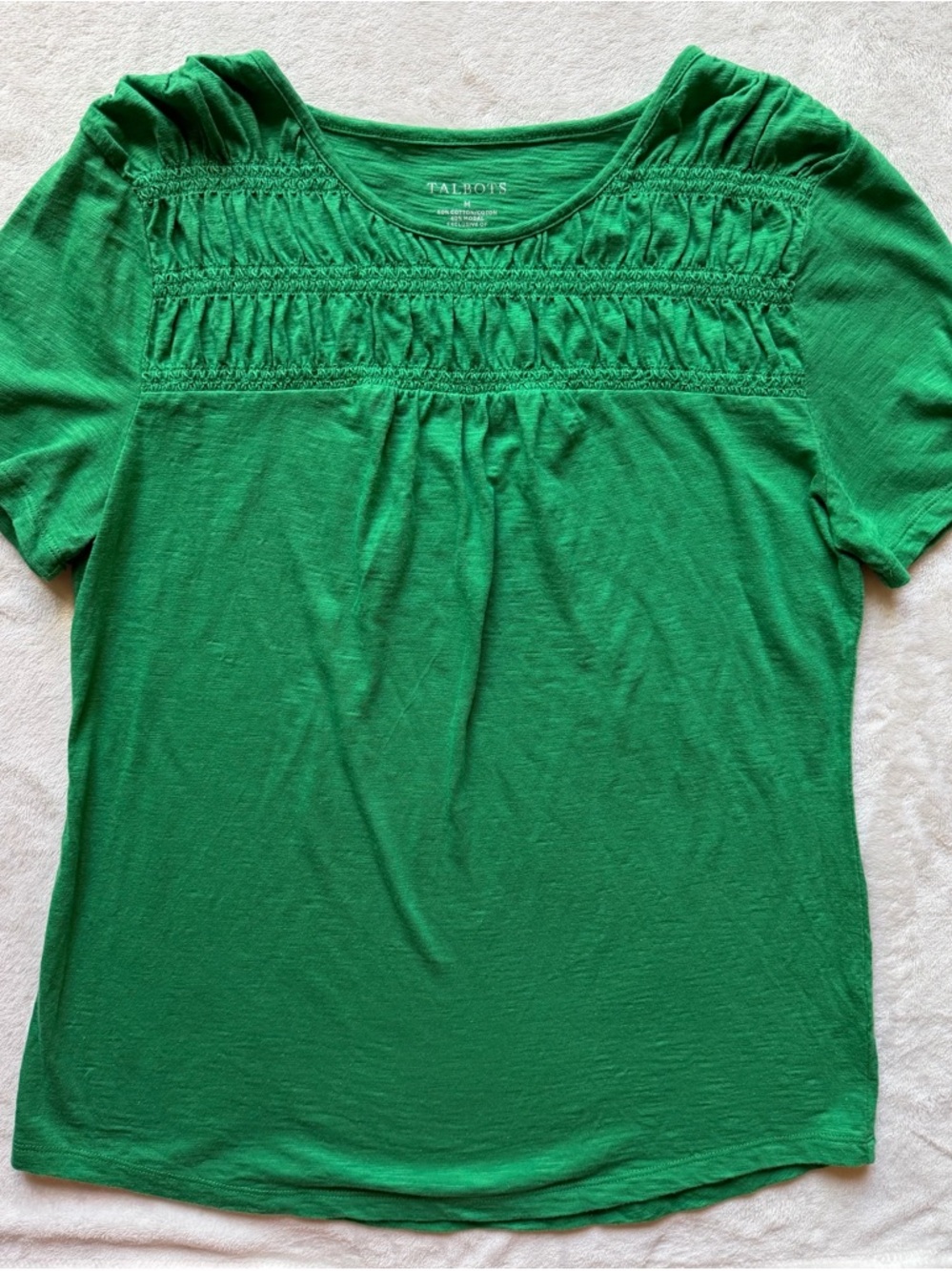 Talbots Emerald Green Short-Sleeve Smocked Yoke Tee